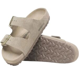Birkenstock Suede Two-Strap Sandals in Beige with taupe bottom & suede cork sole
